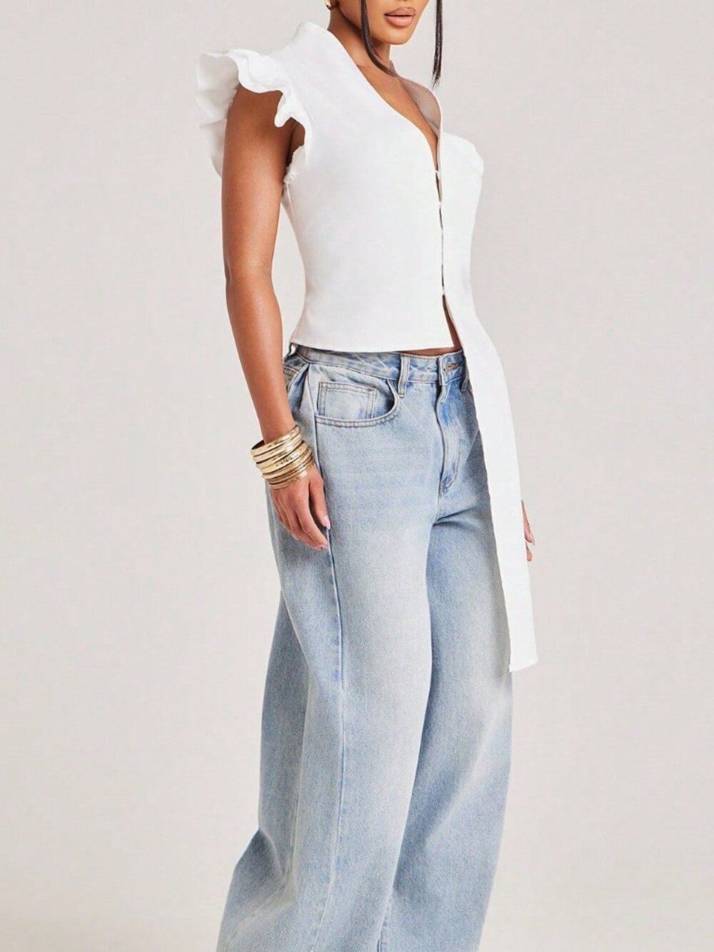 White Casual Women's Ruffle Asymmetrical Long Plain Regular Fit Top - Picture 7 of 7